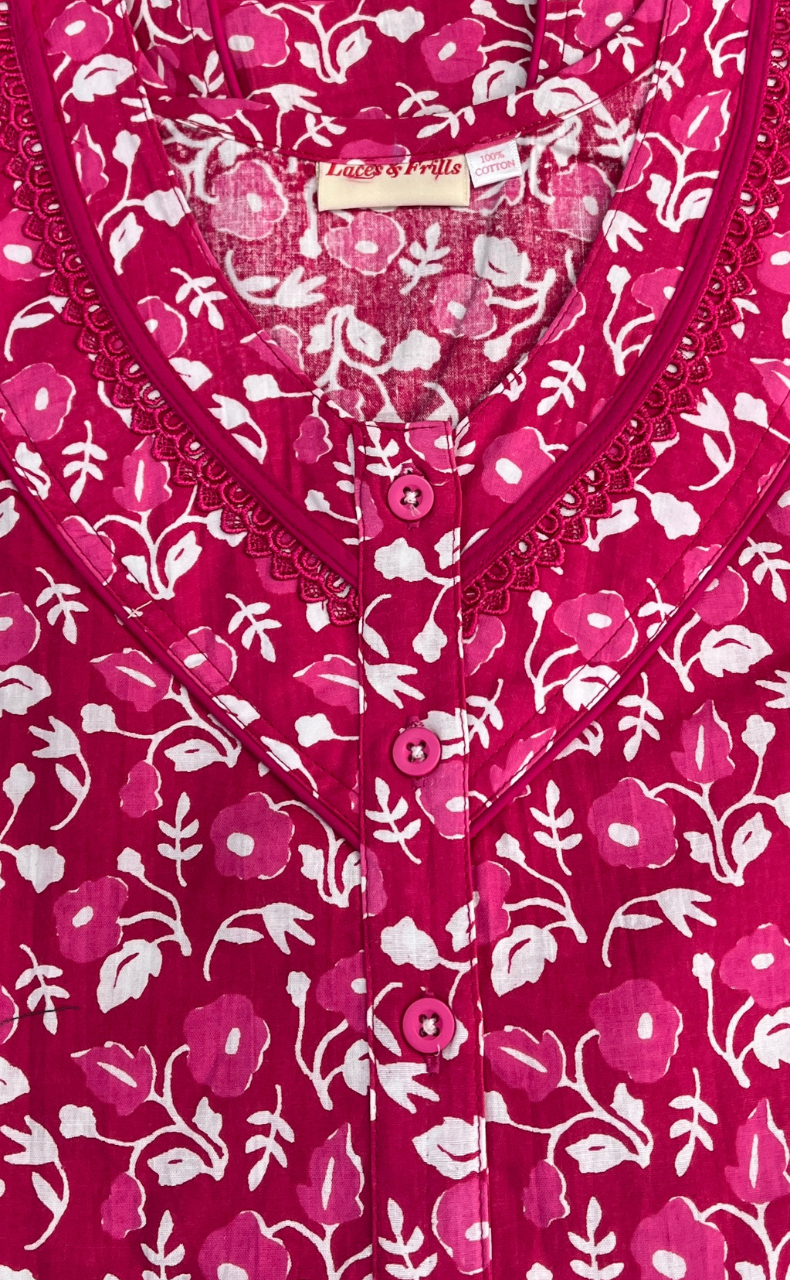 Pink Flora Pure Cotton Sleeveless Nighty. Pure Durable Cotton | Laces and Frills