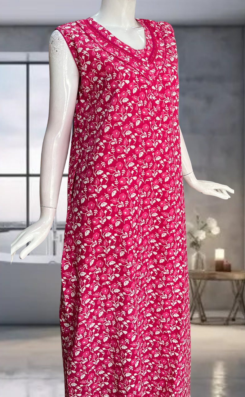Pink Flora Pure Cotton Sleeveless Nighty. Pure Durable Cotton | Laces and Frills