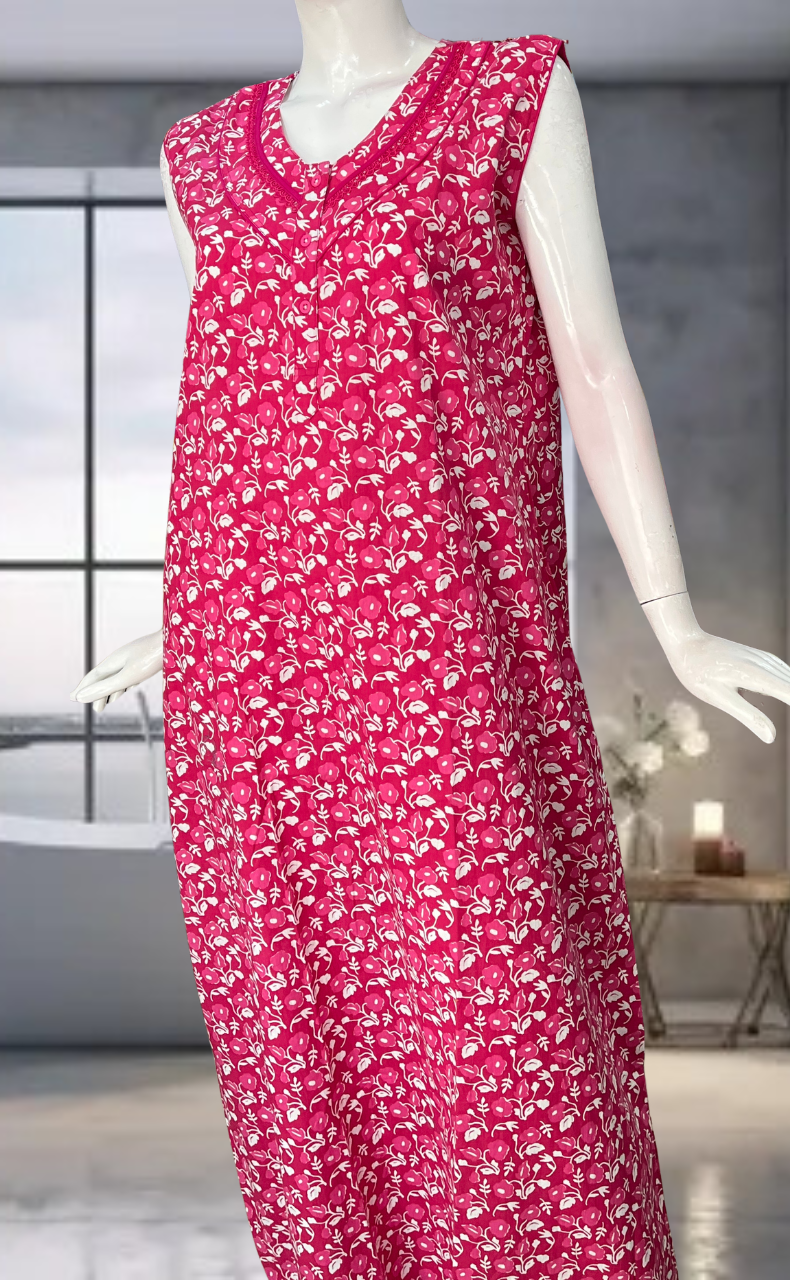 Pink Flora Pure Cotton Sleeveless Nighty. Pure Durable Cotton | Laces and Frills