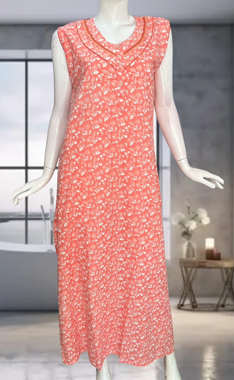 Peach Flora Pure Cotton Sleeveless Nighty. Pure Durable Cotton | Laces and Frills