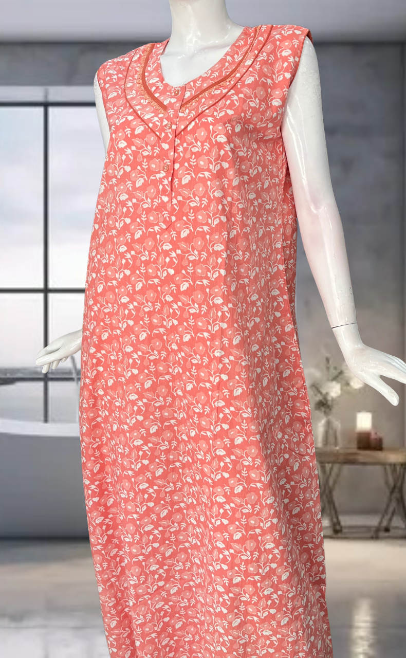 Peach Flora Pure Cotton Sleeveless Nighty. Pure Durable Cotton | Laces and Frills