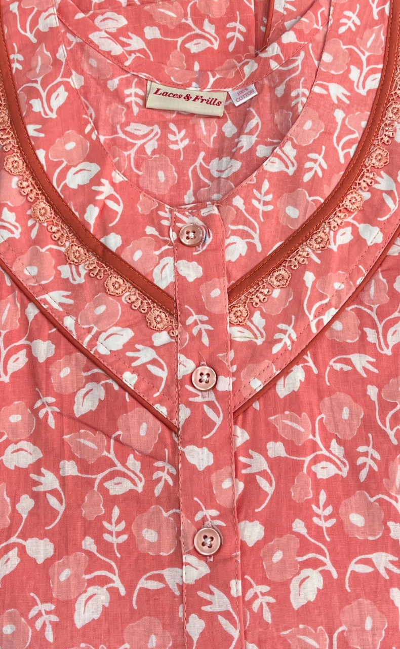 Peach Flora Pure Cotton Sleeveless Nighty. Pure Durable Cotton | Laces and Frills