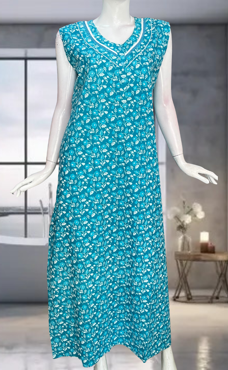 Sky Blue Flora Pure Cotton Sleeveless Nighty. Pure Durable Cotton | Laces and Frills