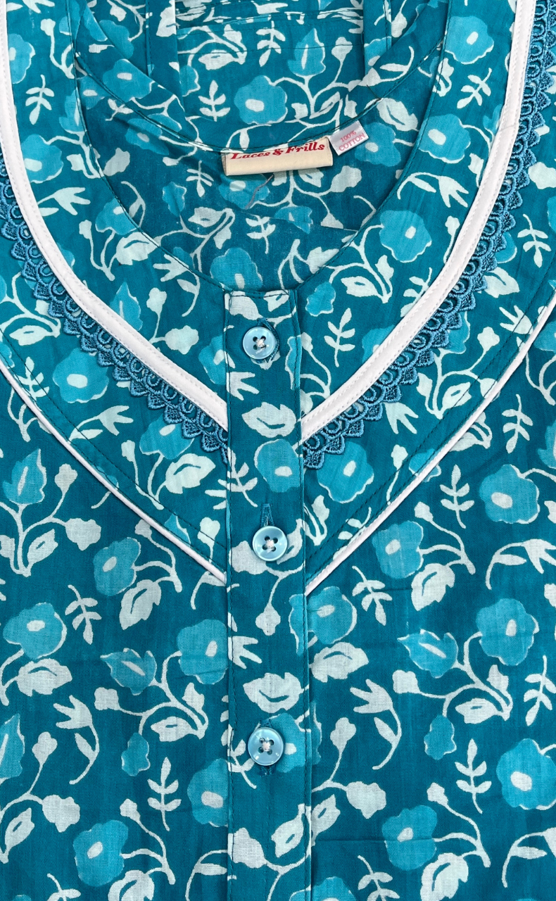 Sky Blue Flora Pure Cotton Sleeveless Nighty. Pure Durable Cotton | Laces and Frills