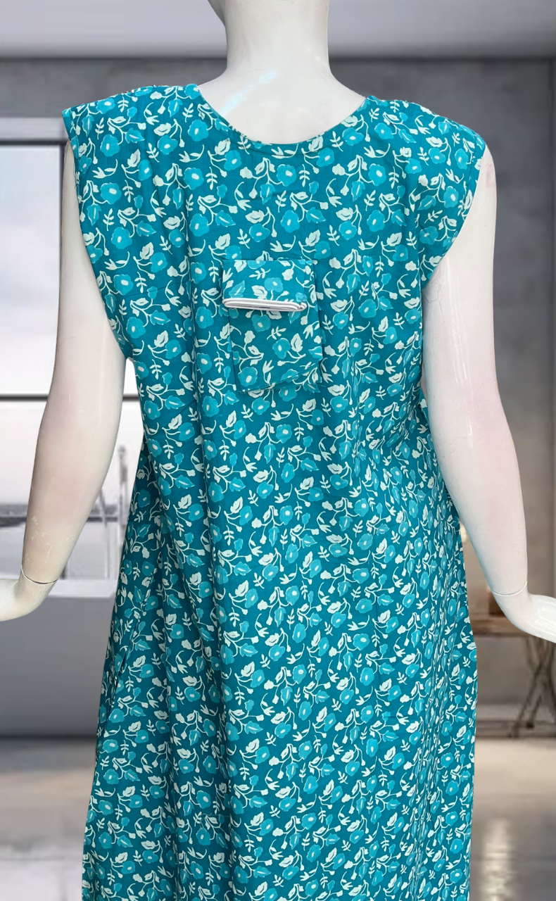 Sky Blue Flora Pure Cotton Sleeveless Nighty. Pure Durable Cotton | Laces and Frills