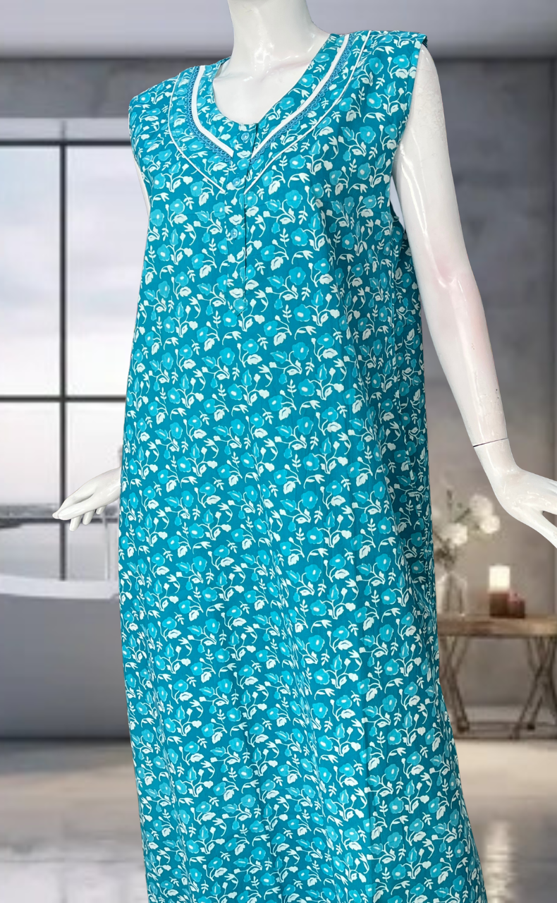 Sky Blue Flora Pure Cotton Sleeveless Nighty. Pure Durable Cotton | Laces and Frills