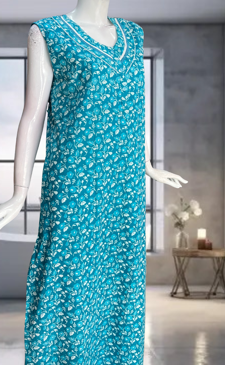 Sky Blue Flora Pure Cotton Sleeveless Nighty. Pure Durable Cotton | Laces and Frills