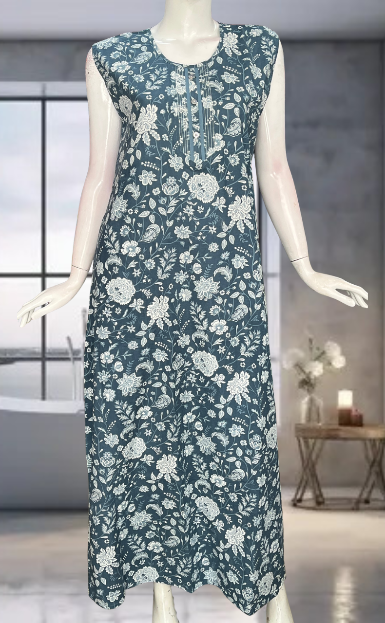 Grey Flora Pure Cotton Sleeveless Nighty. Pure Durable Cotton | Laces and Frills