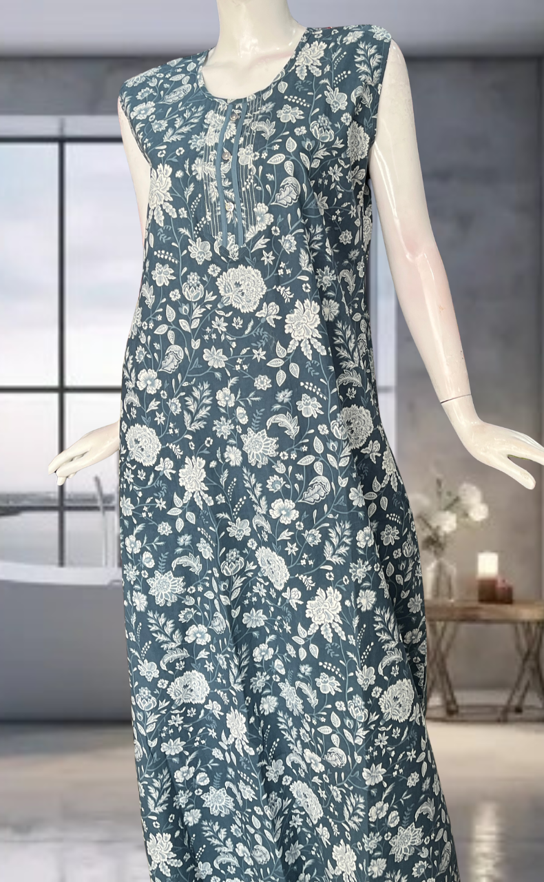 Grey Flora Pure Cotton Sleeveless Nighty. Pure Durable Cotton | Laces and Frills