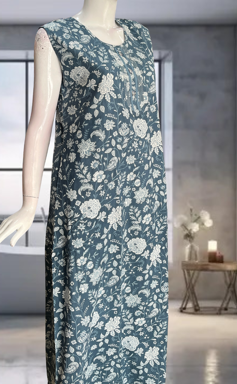 Grey Flora Pure Cotton Sleeveless Nighty. Pure Durable Cotton | Laces and Frills