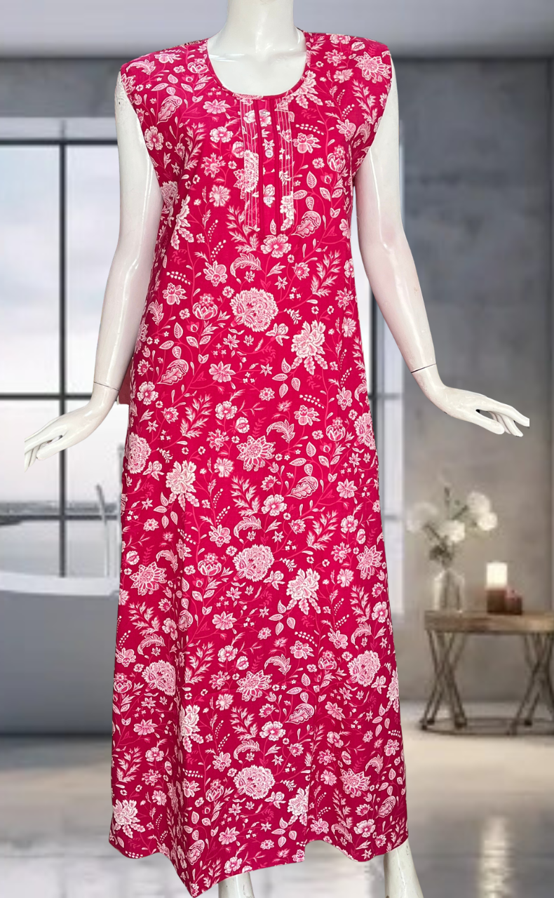 Pink Flora Pure Cotton Sleeveless Nighty. Pure Durable Cotton | Laces and Frills