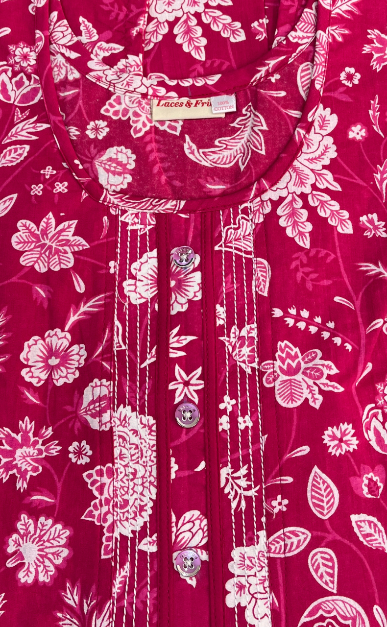 Pink Flora Pure Cotton Sleeveless Nighty. Pure Durable Cotton | Laces and Frills