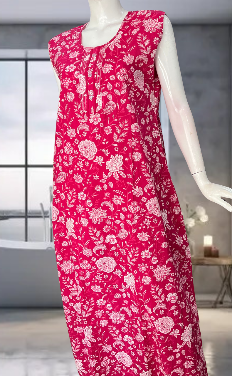 Pink Flora Pure Cotton Sleeveless Nighty. Pure Durable Cotton | Laces and Frills