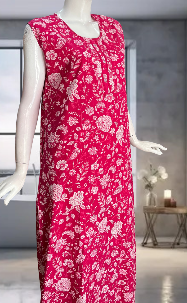 Pink Flora Pure Cotton Sleeveless Nighty. Pure Durable Cotton | Laces and Frills