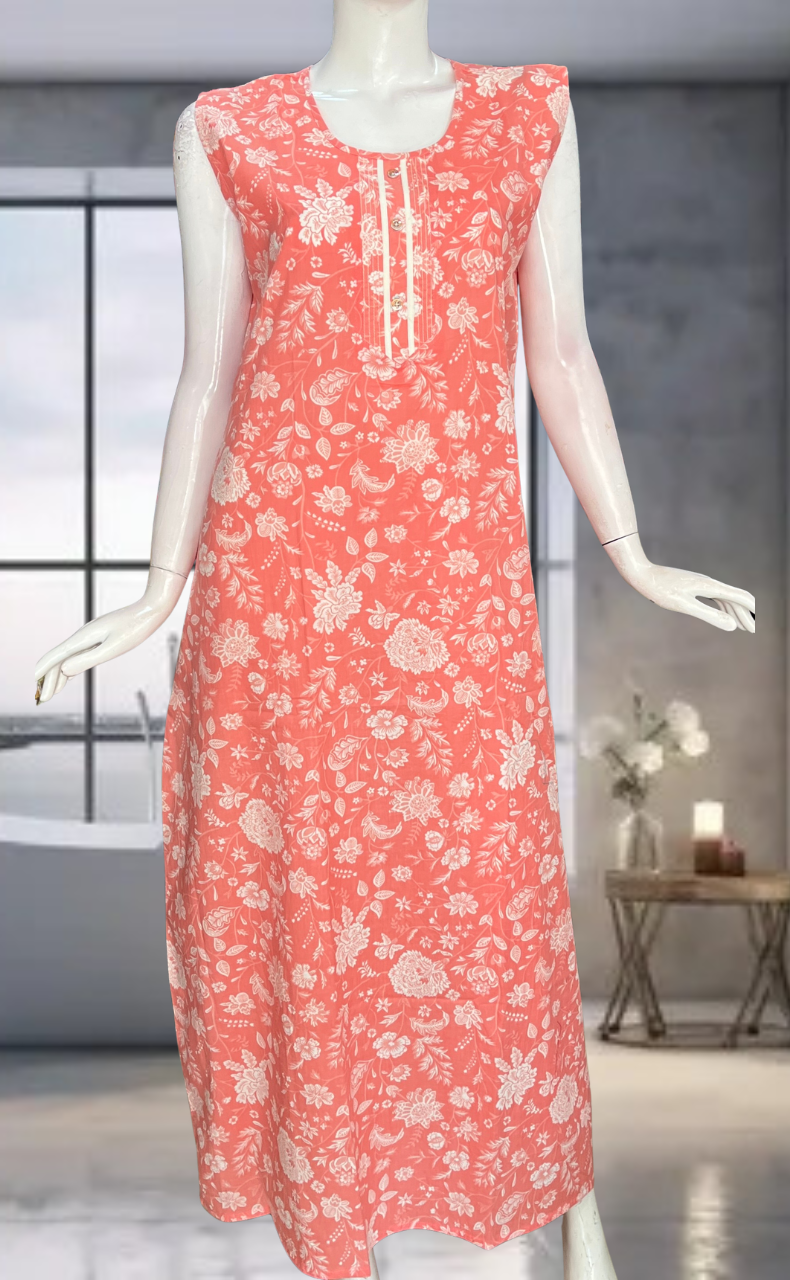 Peach Flora Pure Cotton Sleeveless Nighty. Pure Durable Cotton | Laces and Frills