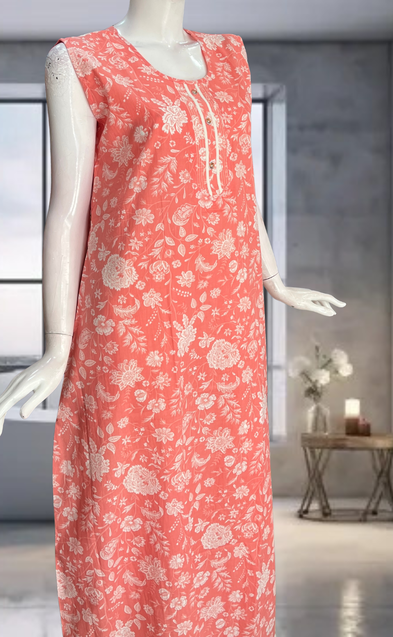 Peach Flora Pure Cotton Sleeveless Nighty. Pure Durable Cotton | Laces and Frills