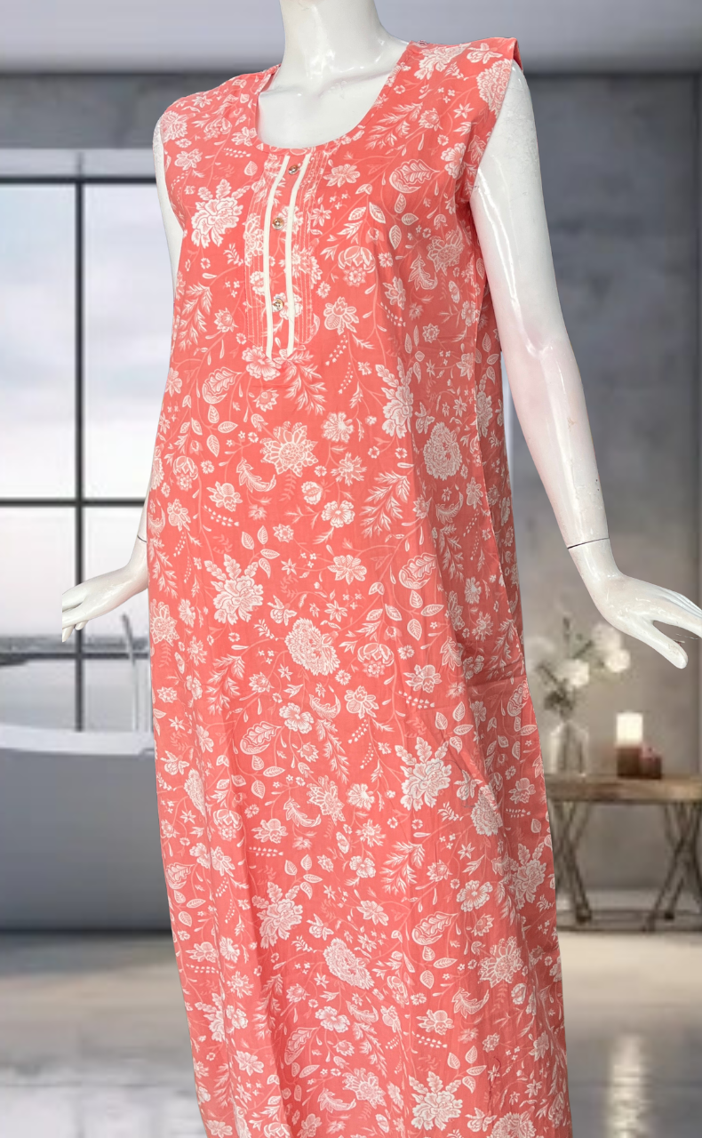 Peach Flora Pure Cotton Sleeveless Nighty. Pure Durable Cotton | Laces and Frills