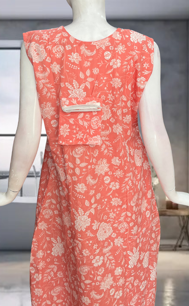 Peach Flora Pure Cotton Sleeveless Nighty. Pure Durable Cotton | Laces and Frills