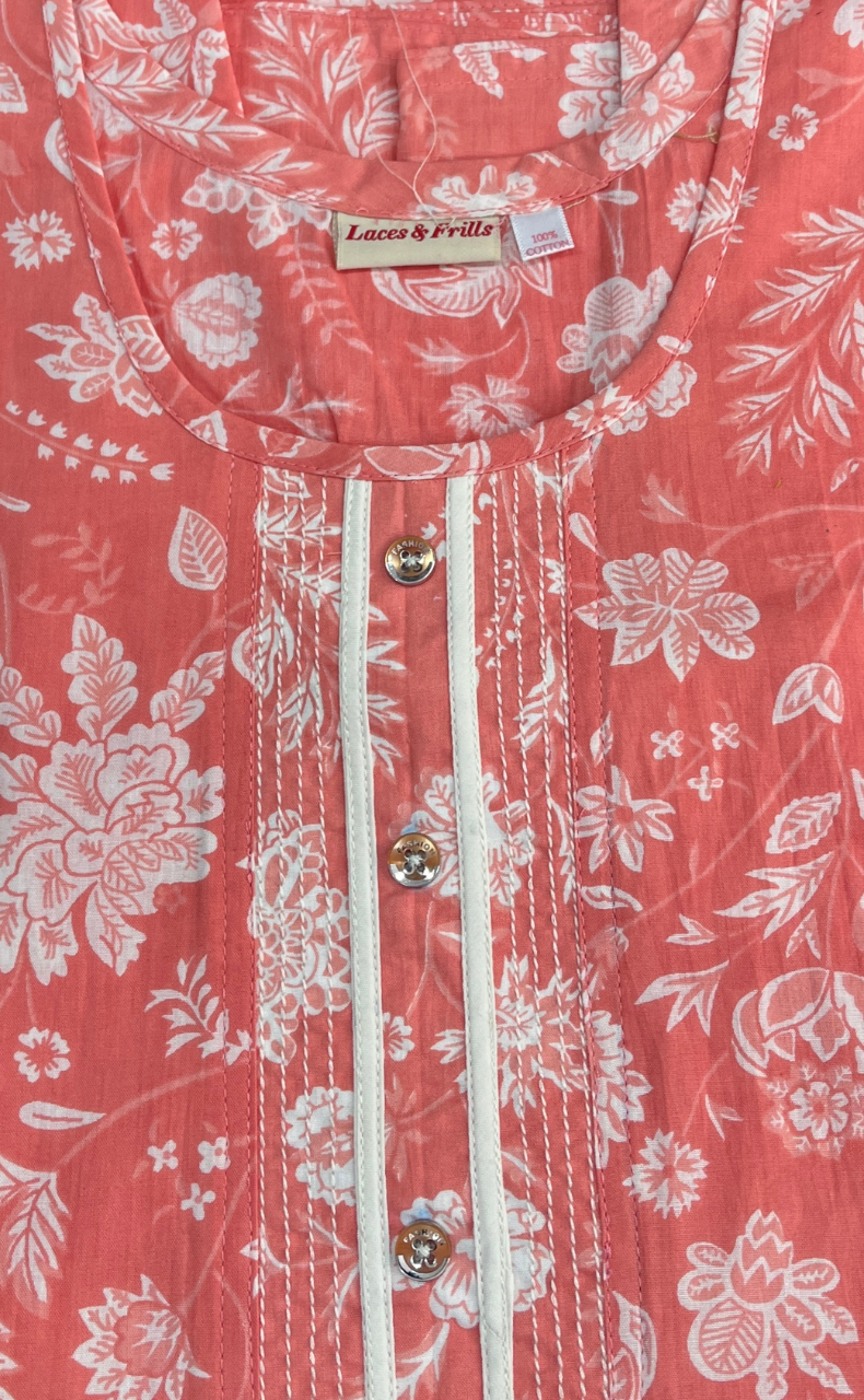 Peach Flora Pure Cotton Sleeveless Nighty. Pure Durable Cotton | Laces and Frills