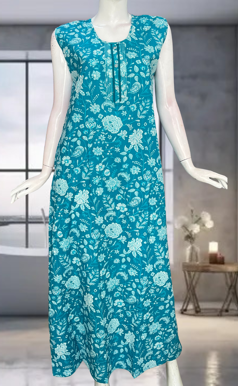 Sea Green Flora Pure Cotton Sleeveless Nighty. Pure Durable Cotton | Laces and Frills