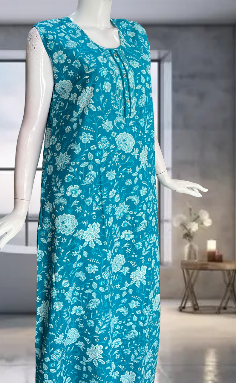 Sea Green Flora Pure Cotton Sleeveless Nighty. Pure Durable Cotton | Laces and Frills