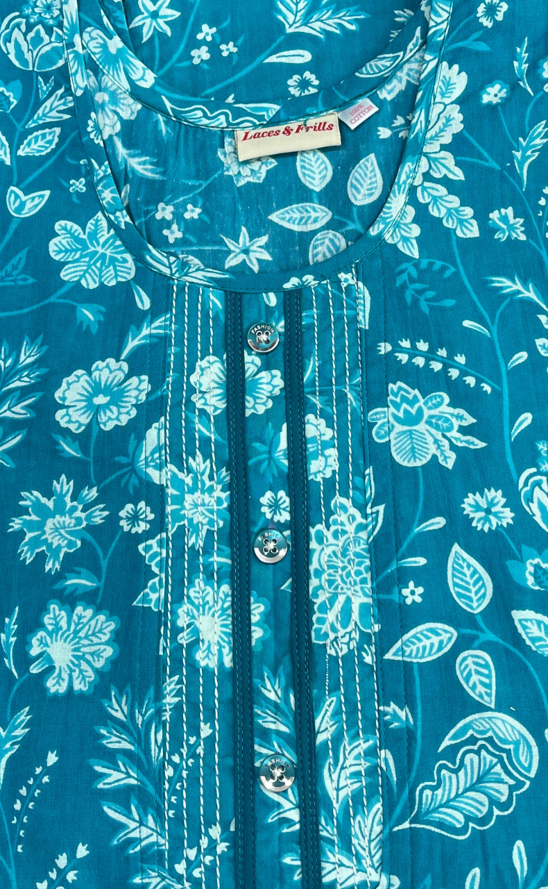 Sea Green Flora Pure Cotton Sleeveless Nighty. Pure Durable Cotton | Laces and Frills