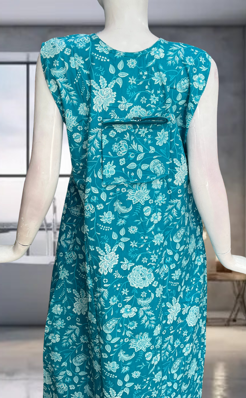 Sea Green Flora Pure Cotton Sleeveless Nighty. Pure Durable Cotton | Laces and Frills