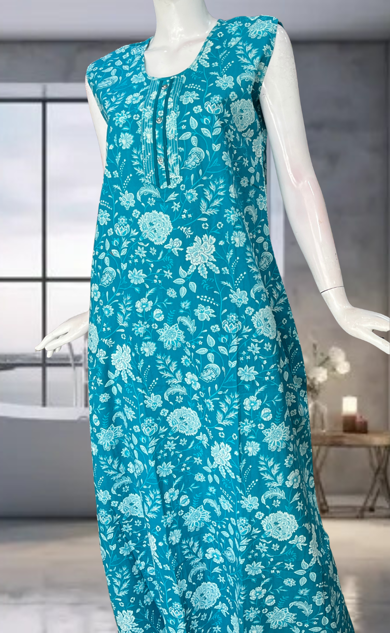 Sea Green Flora Pure Cotton Sleeveless Nighty. Pure Durable Cotton | Laces and Frills