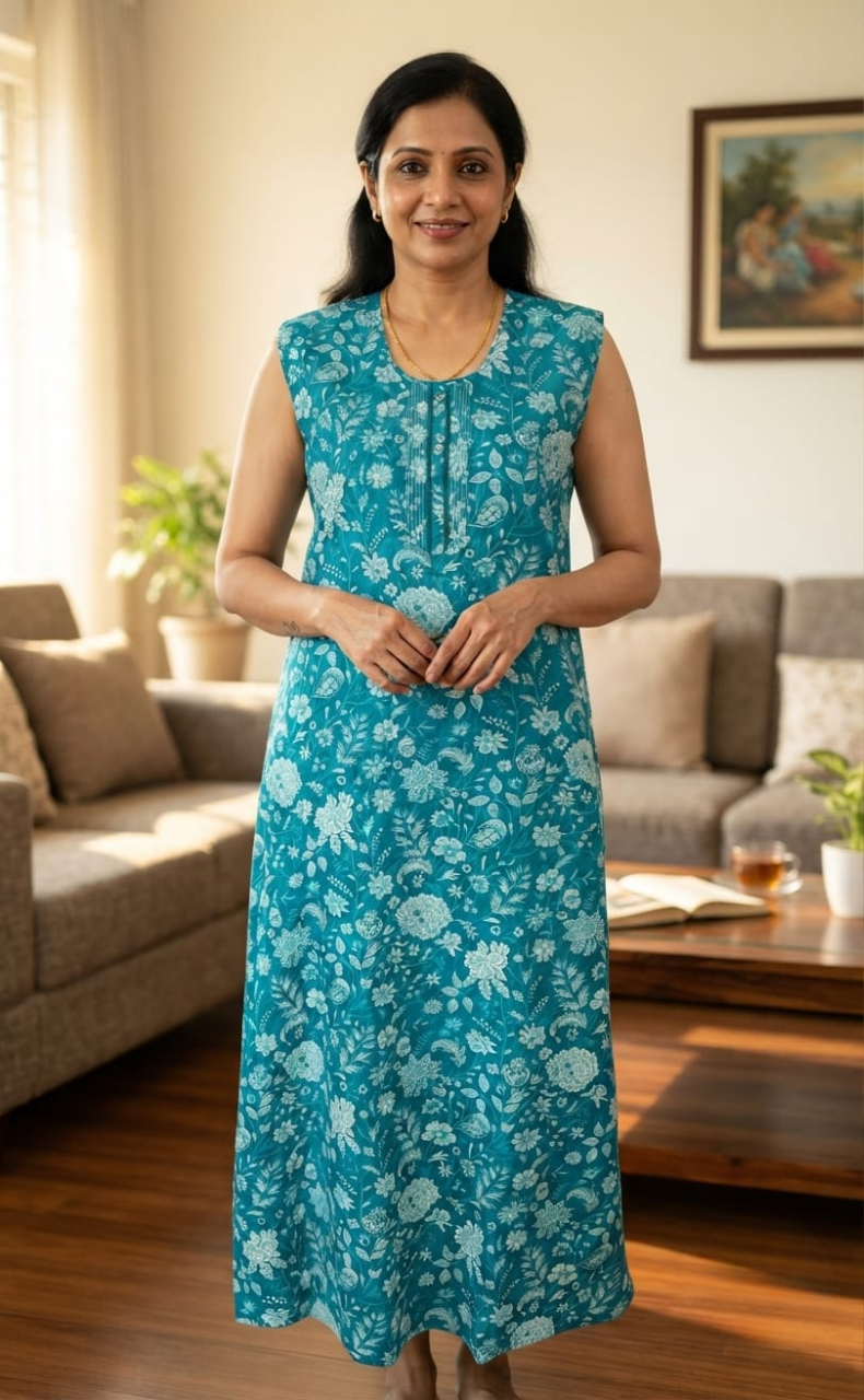 Sea Green Flora Pure Cotton Sleeveless Nighty. Pure Durable Cotton | Laces and Frills