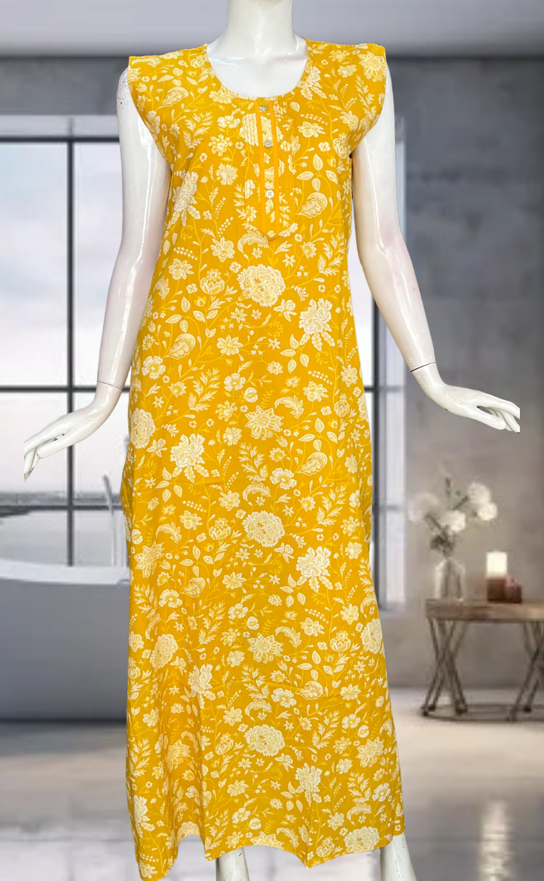 Yellow Flora Pure Cotton Sleeveless Nighty. Pure Durable Cotton | Laces and Frills