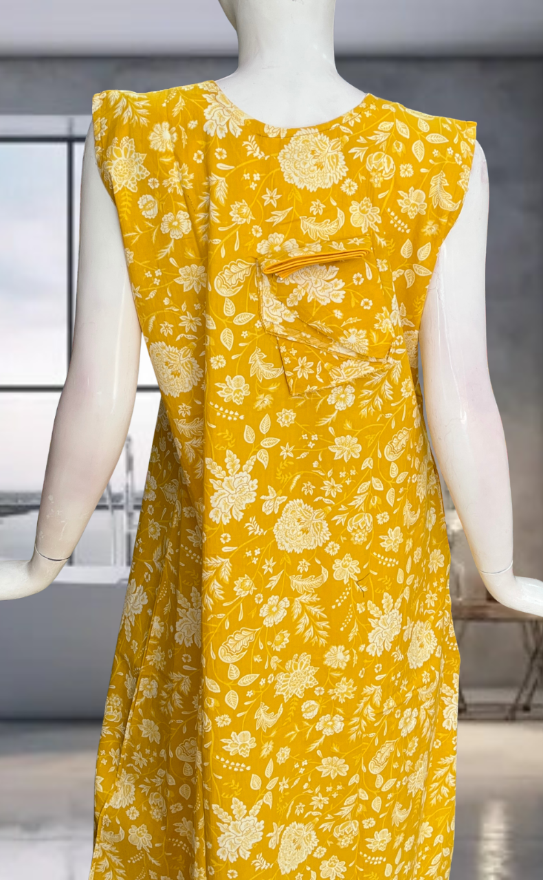 Yellow Flora Pure Cotton Sleeveless Nighty. Pure Durable Cotton | Laces and Frills