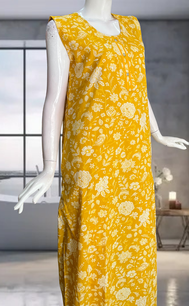 Yellow Flora Pure Cotton Sleeveless Nighty. Pure Durable Cotton | Laces and Frills