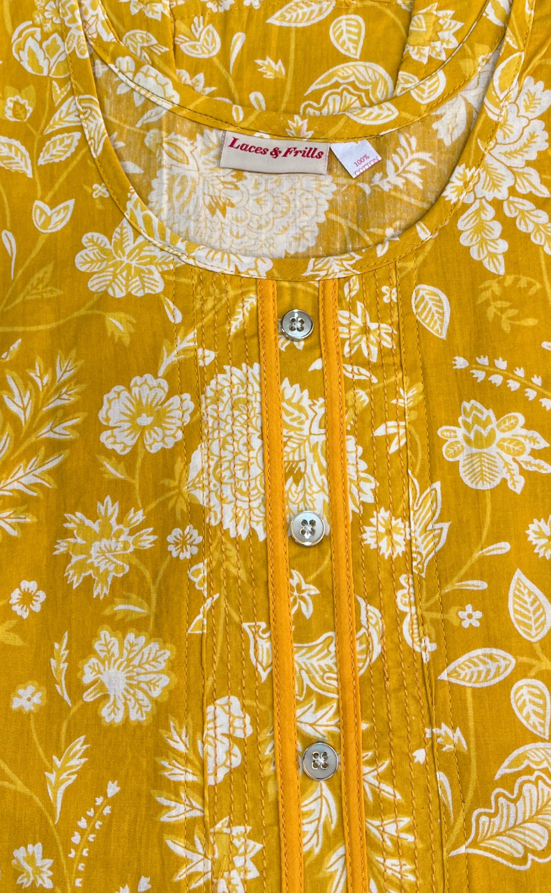 Yellow Flora Pure Cotton Sleeveless Nighty. Pure Durable Cotton | Laces and Frills