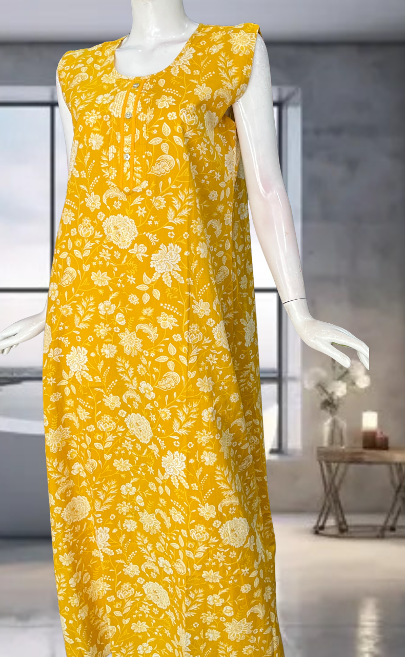 Yellow Flora Pure Cotton Sleeveless Nighty. Pure Durable Cotton | Laces and Frills