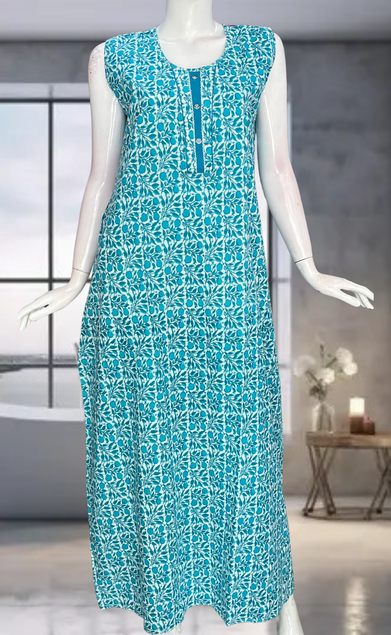 Sea Green Flora Pure Cotton Sleeveless Nighty. Pure Durable Cotton | Laces and Frills