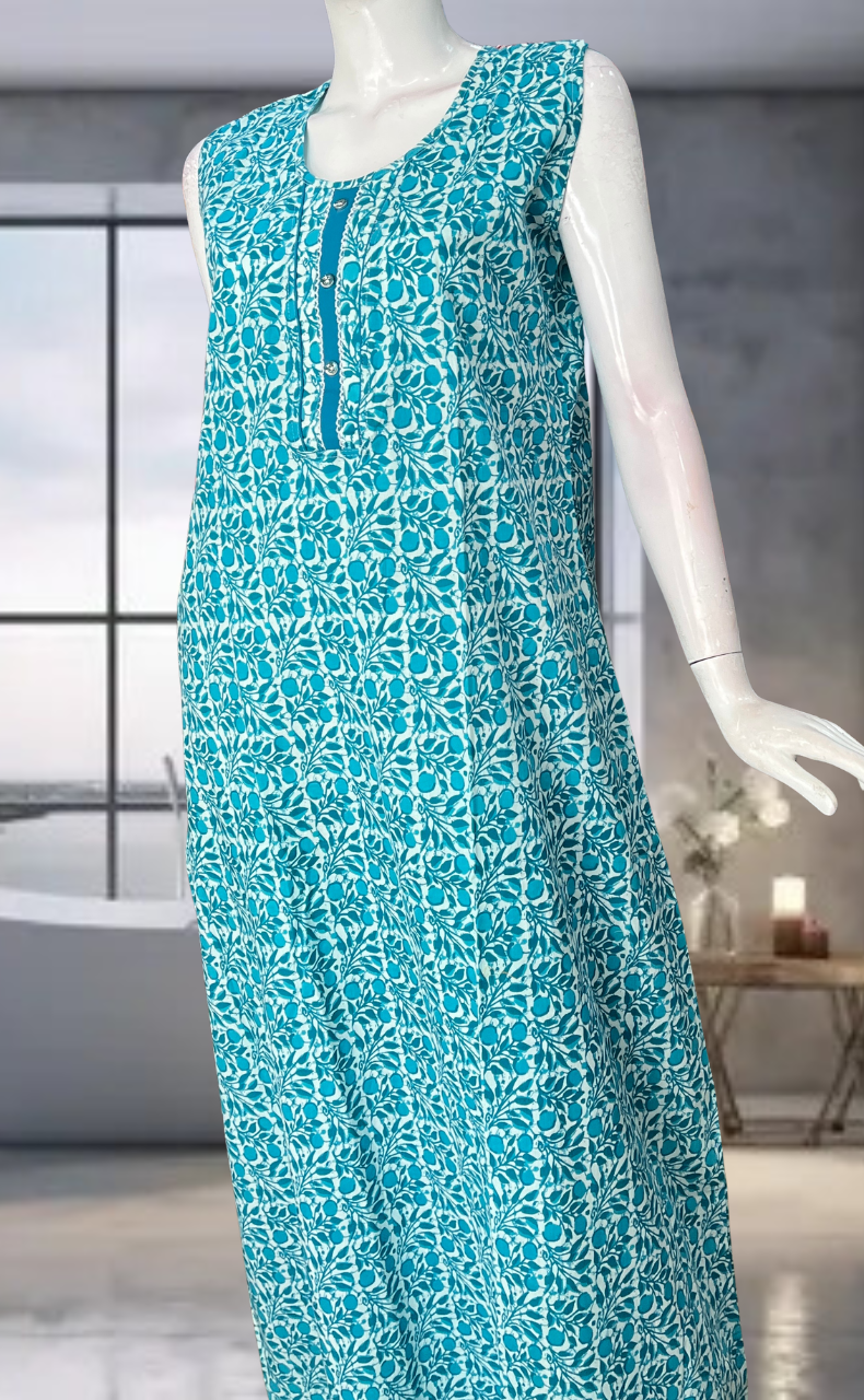 Sea Green Flora Pure Cotton Sleeveless Nighty. Pure Durable Cotton | Laces and Frills