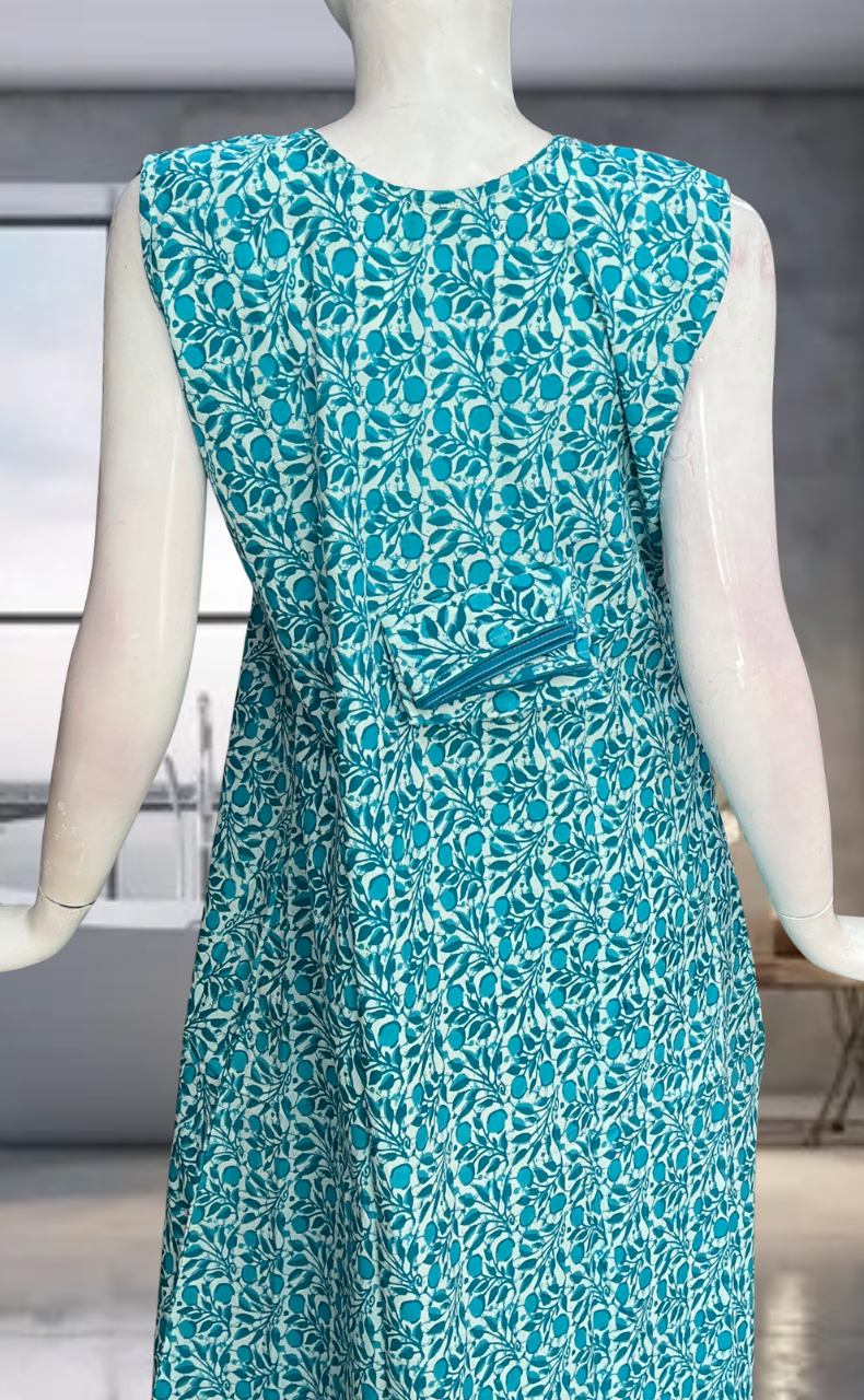 Sea Green Flora Pure Cotton Sleeveless Nighty. Pure Durable Cotton | Laces and Frills