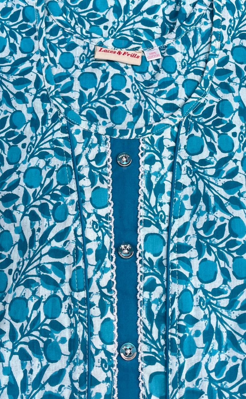 Sea Green Flora Pure Cotton Sleeveless Nighty. Pure Durable Cotton | Laces and Frills