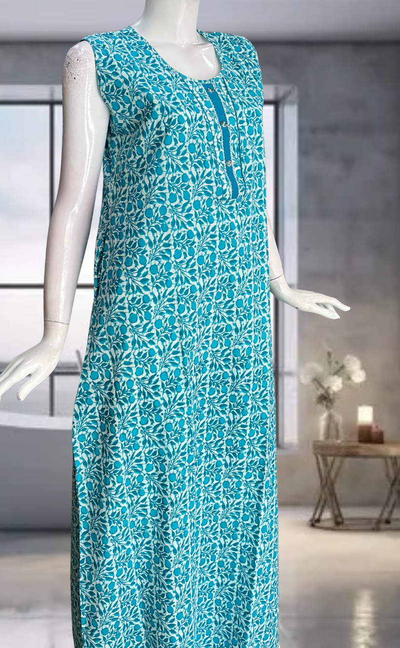 Sea Green Flora Pure Cotton Sleeveless Nighty. Pure Durable Cotton | Laces and Frills