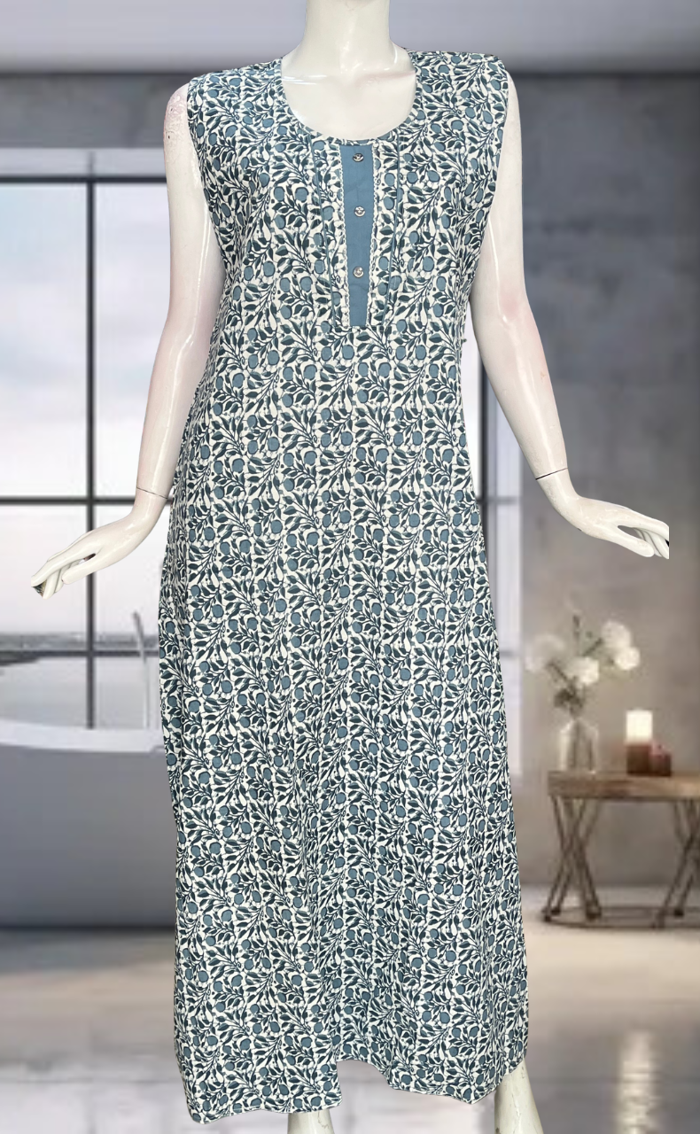 Grey Flora Pure Cotton Sleeveless Nighty. Pure Durable Cotton | Laces and Frills