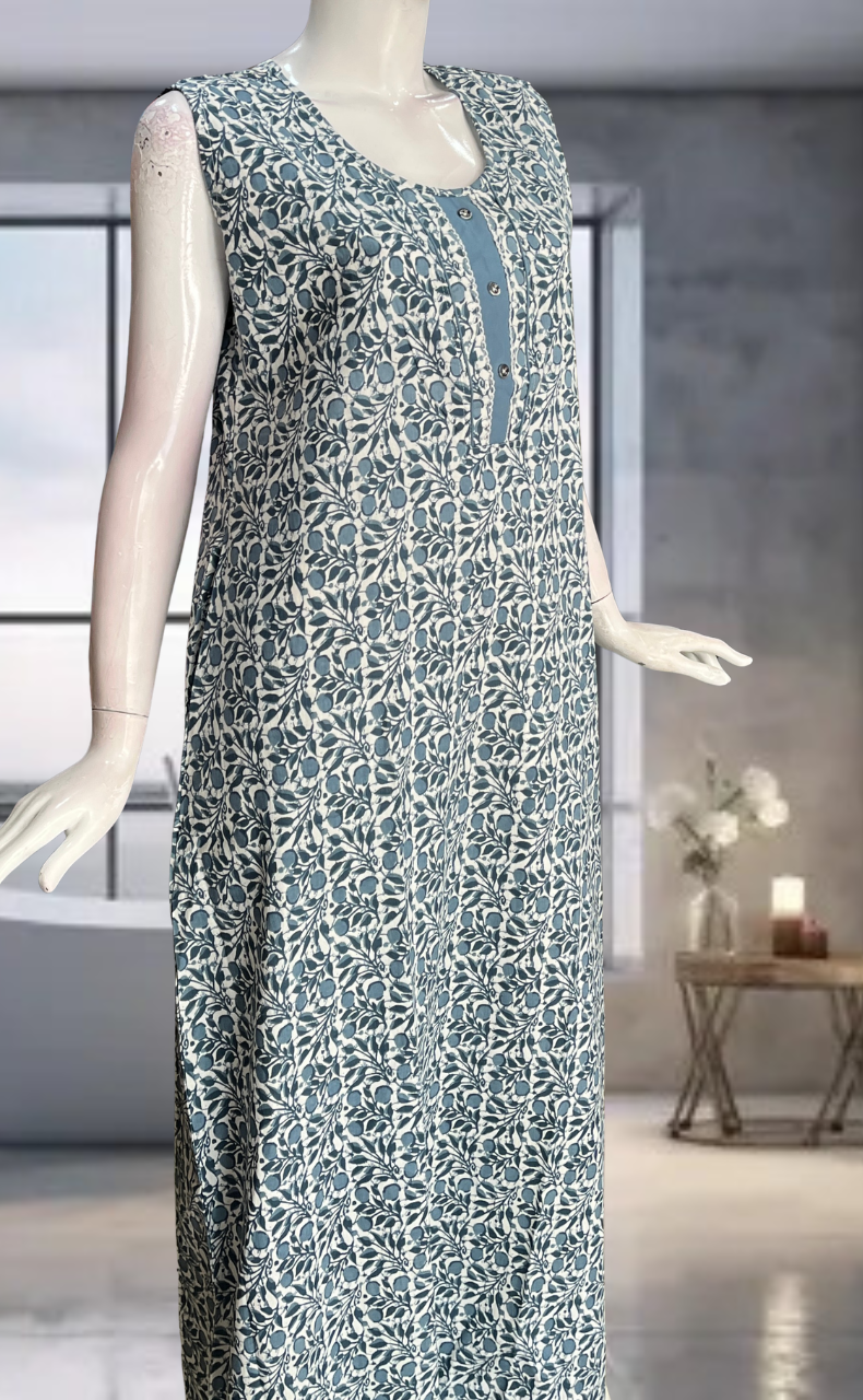 Grey Flora Pure Cotton Sleeveless Nighty. Pure Durable Cotton | Laces and Frills