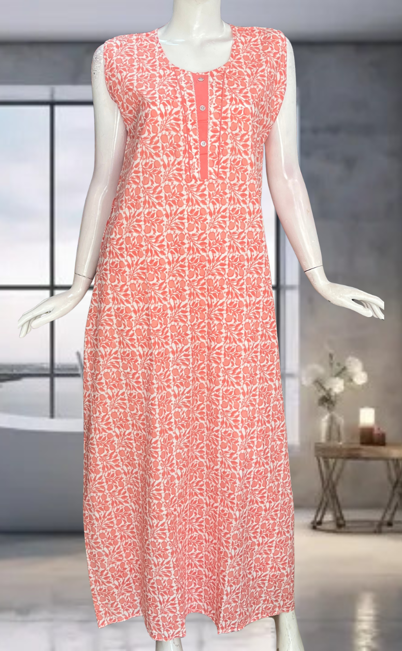 Peach Flora Pure Cotton Sleeveless Nighty. Pure Durable Cotton | Laces and Frills