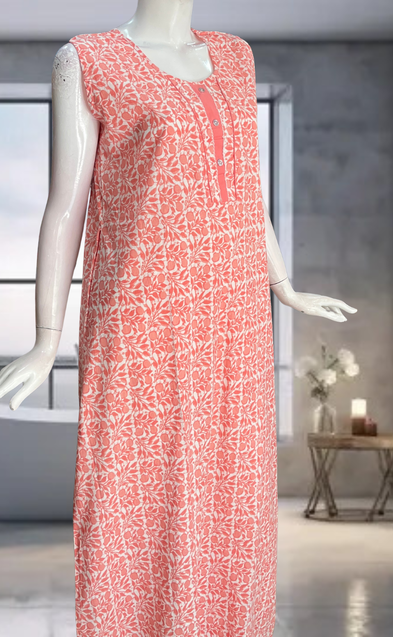 Peach Flora Pure Cotton Sleeveless Nighty. Pure Durable Cotton | Laces and Frills