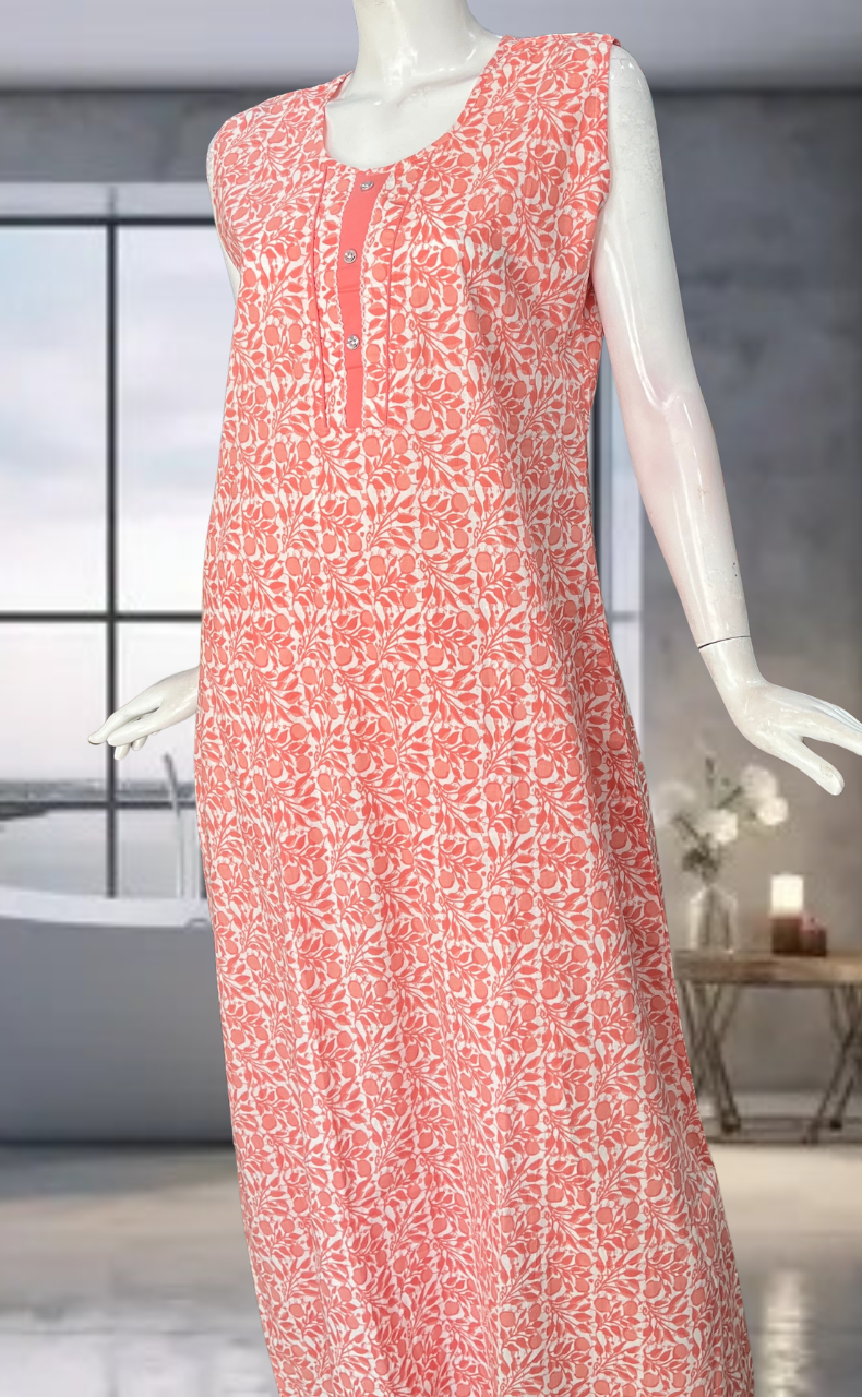 Peach Flora Pure Cotton Sleeveless Nighty. Pure Durable Cotton | Laces and Frills