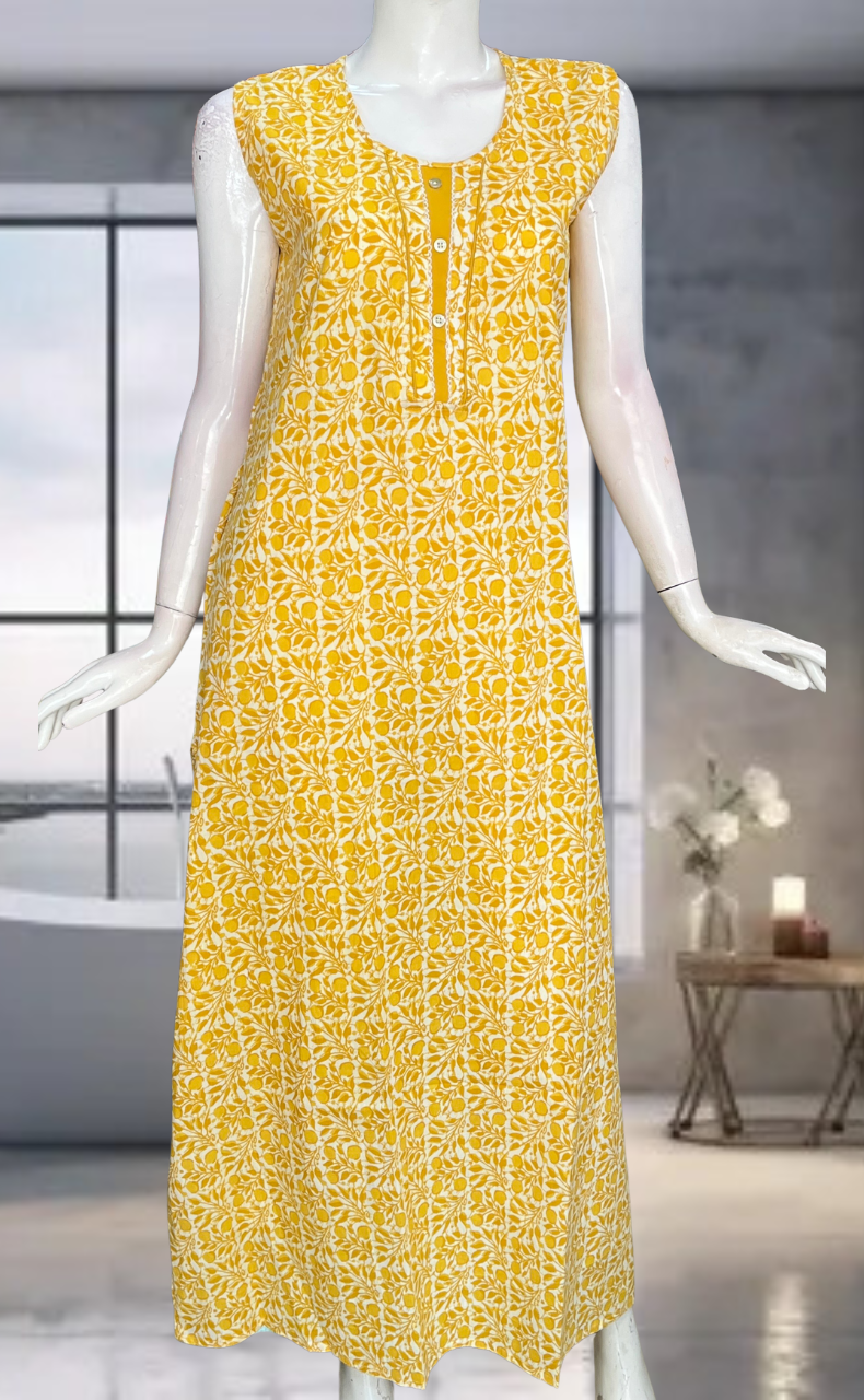 Yellow Flora Pure Cotton Sleeveless Nighty. Pure Durable Cotton | Laces and Frills