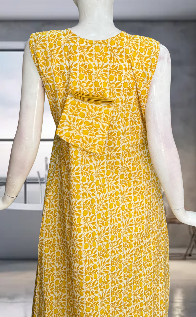 Yellow Flora Pure Cotton Sleeveless Nighty. Pure Durable Cotton | Laces and Frills