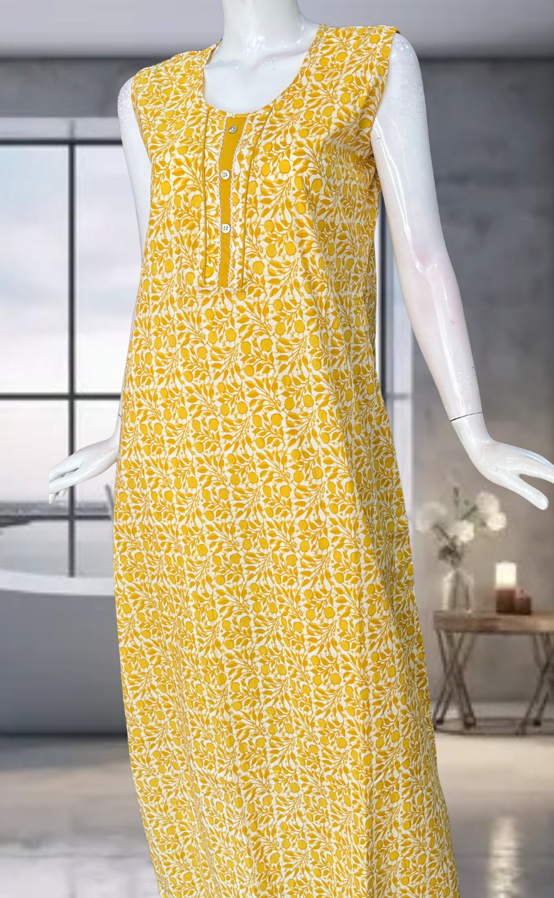 Yellow Flora Pure Cotton Sleeveless Nighty. Pure Durable Cotton | Laces and Frills