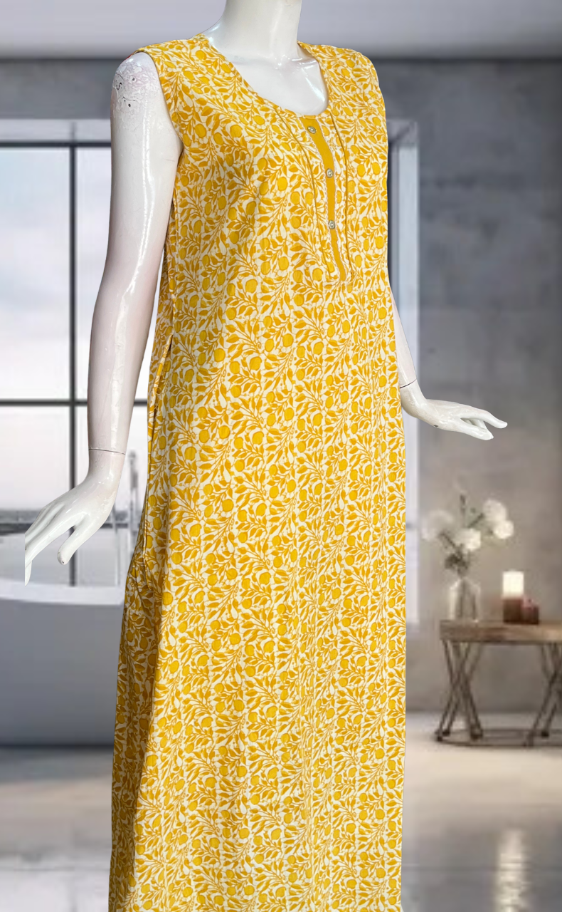 Yellow Flora Pure Cotton Sleeveless Nighty. Pure Durable Cotton | Laces and Frills