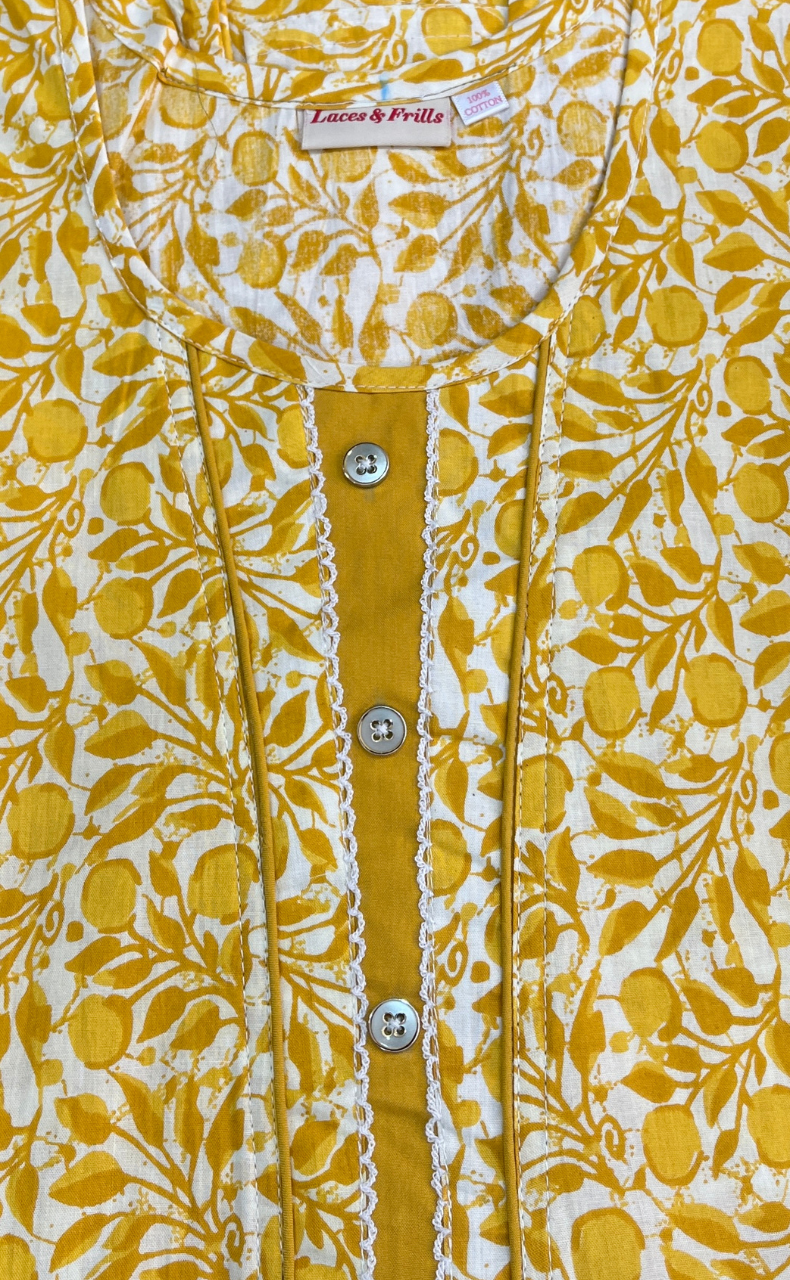Yellow Flora Pure Cotton Sleeveless Nighty. Pure Durable Cotton | Laces and Frills