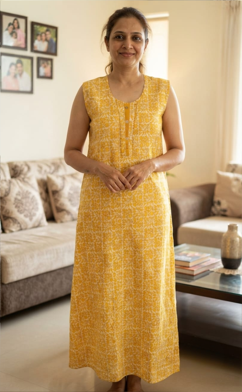 Yellow Flora Pure Cotton Sleeveless Nighty. Pure Durable Cotton | Laces and Frills
